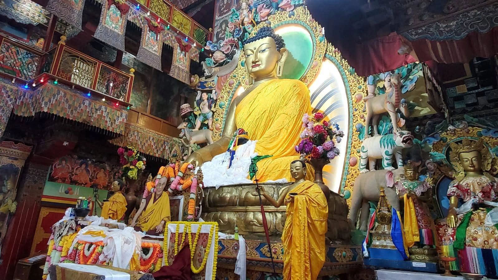 The eight-metre gilded Buddha Shakyamuni inside the Dukhang assembly hall of Tawang Monastery